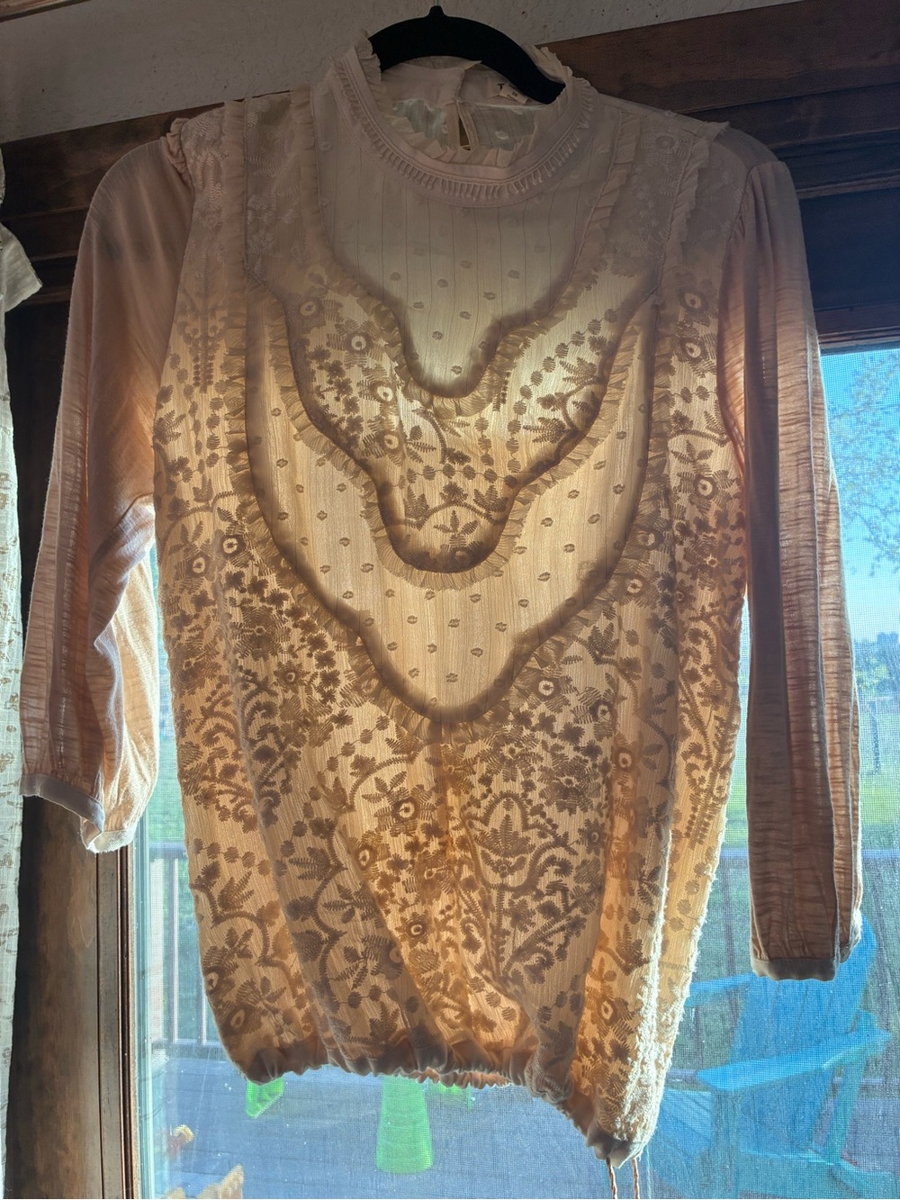Anthropologie Cream Lace Floral High-Neck Blouse